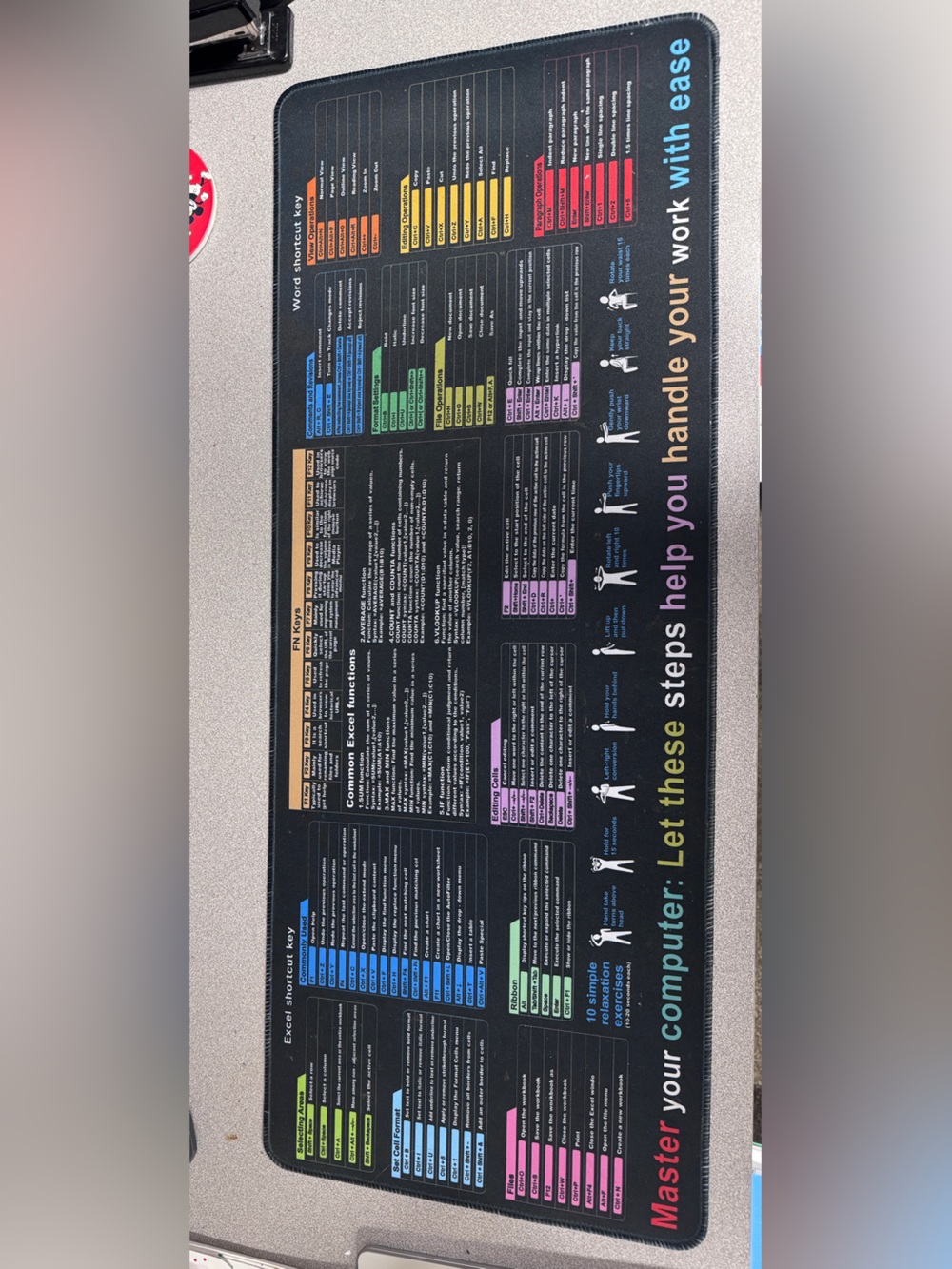 Excel Shortcut Cheat Sheet Desk Mat - Black Background with Multicolor Sections